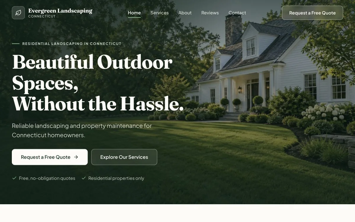 Screenshot of the deployed Evergreen Landscaping CT portfolio concept, showing its landscaping hero and quote buttons.