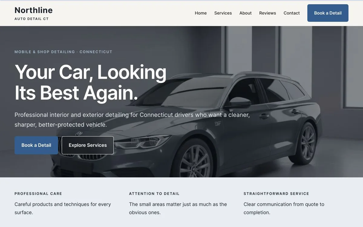 Screenshot of the live Northline Auto Detail CT WordPress portfolio concept, showing its vehicle hero and booking buttons.